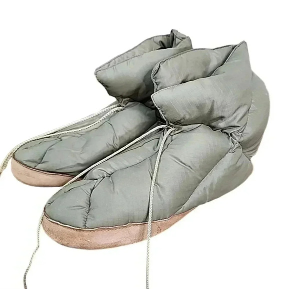 EDDIE BAUER vintage Goose Down Olive Camp Bootie Slippers Leather Soles. - Picture 2 of 12